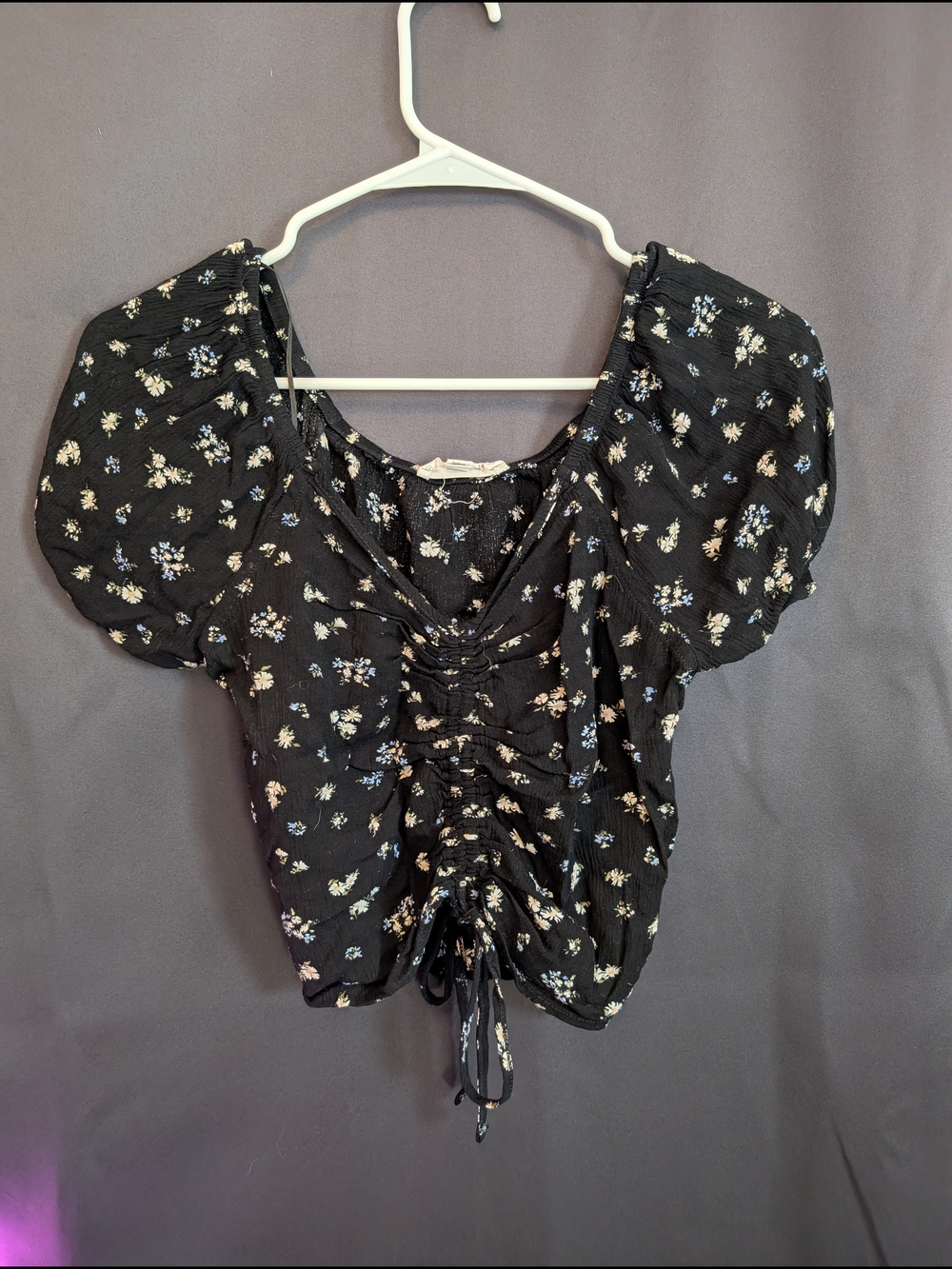Black Floral Ruched Puff-Sleeve Crop Top Blue Yellow Tie Up Cottagecore Whimsy